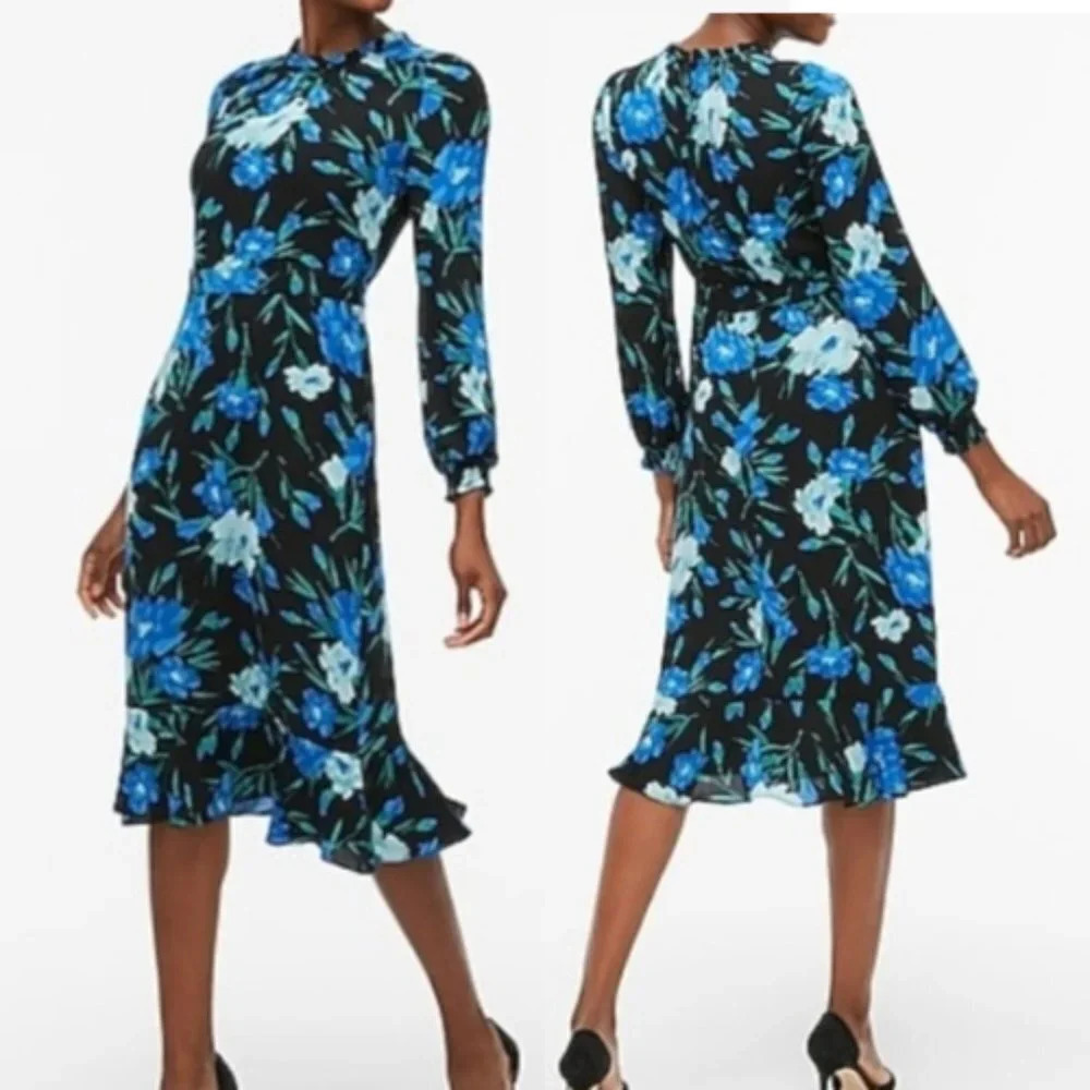 New! J. Crew Ruffleneck Peasant Black & Blue Floral Dress nwt 30925